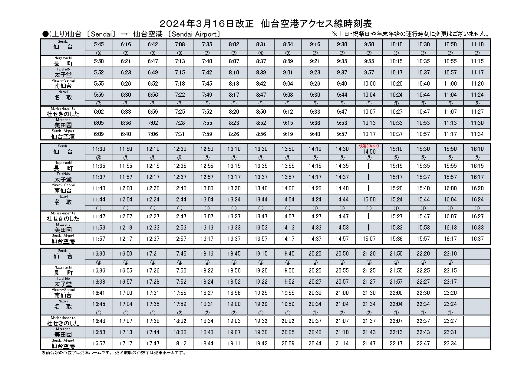 仙台空港アクセス線時刻表上り