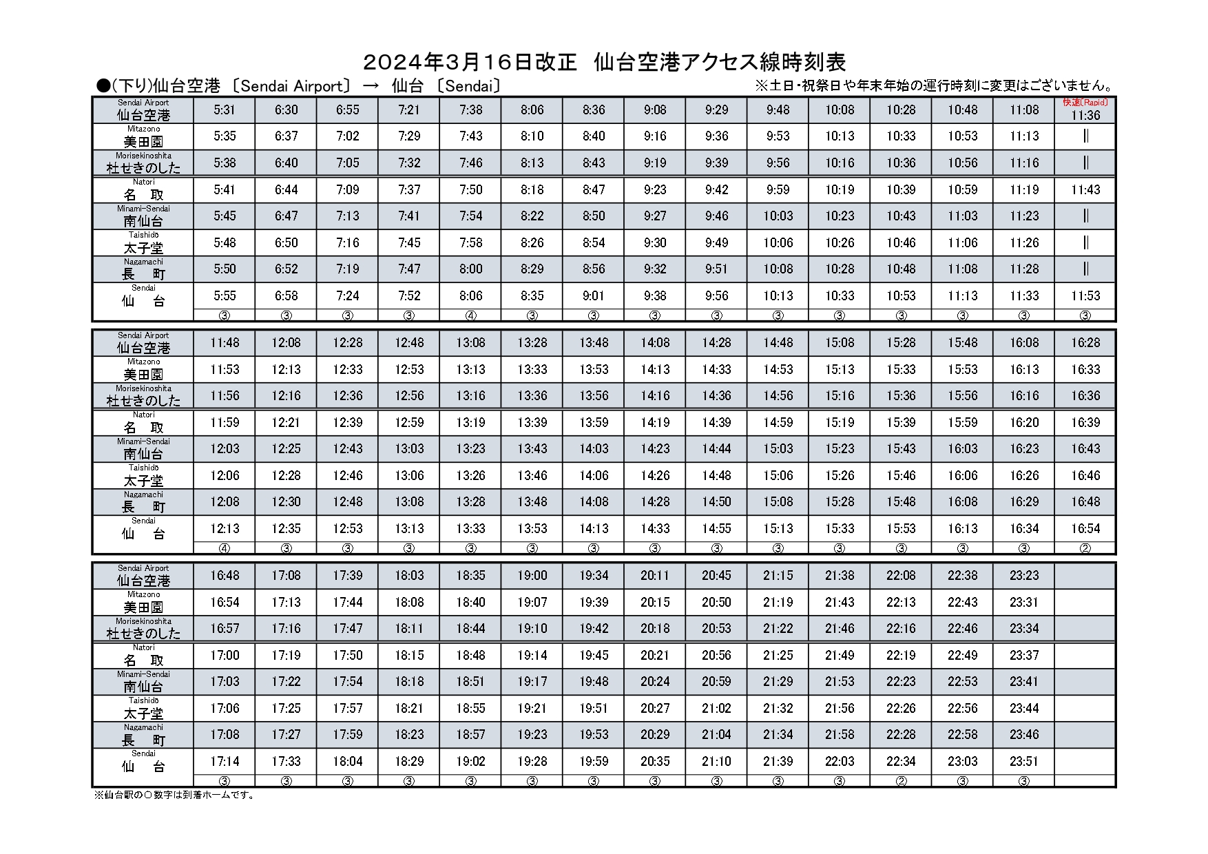 仙台空港アクセス線時刻表下り